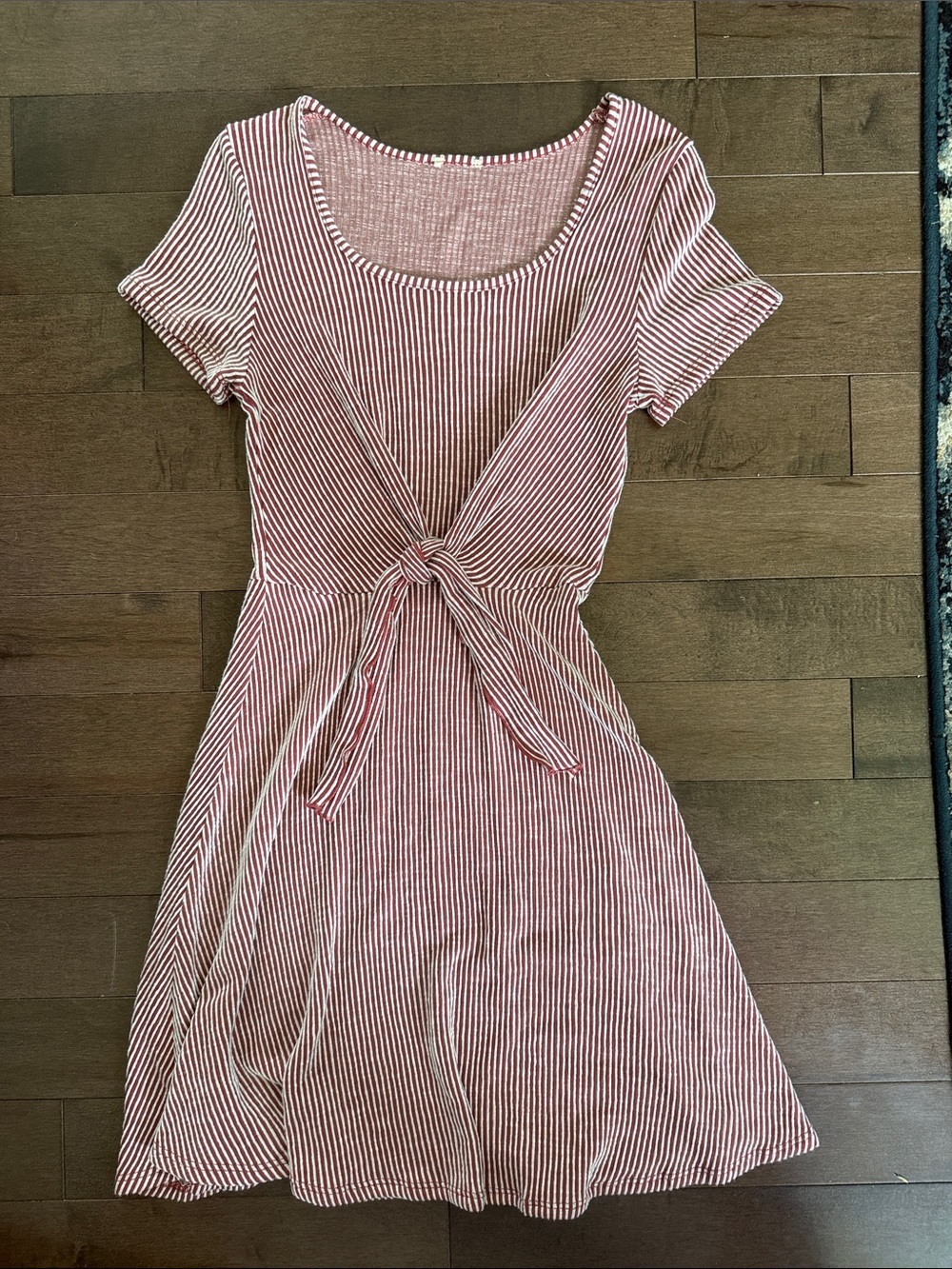 Striped Tie-Front Short Sleeve Dress in Pink and White